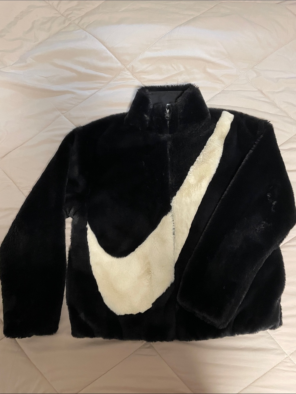 Nike Black Faux Fur Puffer Jacket with Cream Swoosh